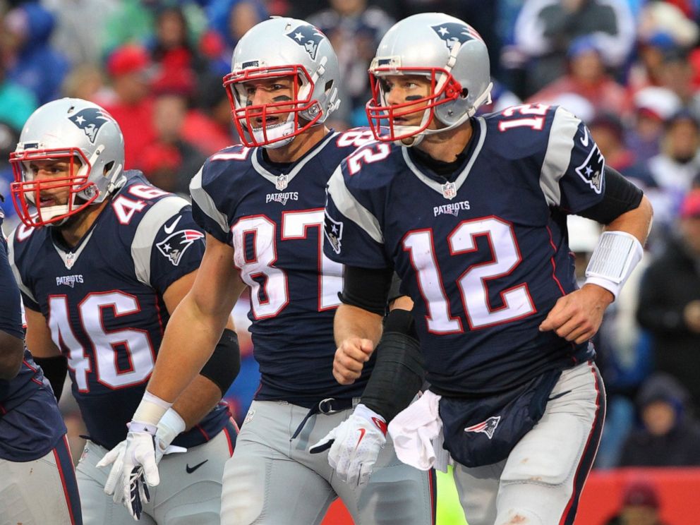 PHOTO: In this Oct. 30, 2016, file photo, New England Patriots Tom Brady (12) and Rob Gronkowski head back to the sideline after a touchdown during the second half of the teams NFL football game against the Buffalo Bills in Orchard Park, N.Y.