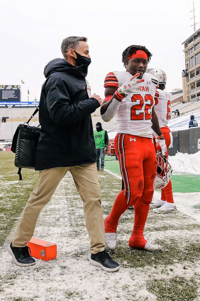 PHOTO: Utah Utes running back Ty Jordan reacts after the game against the Colorado Buffaloes at Folsom Field in Boulder, Colo., Dec. 12, 2020.