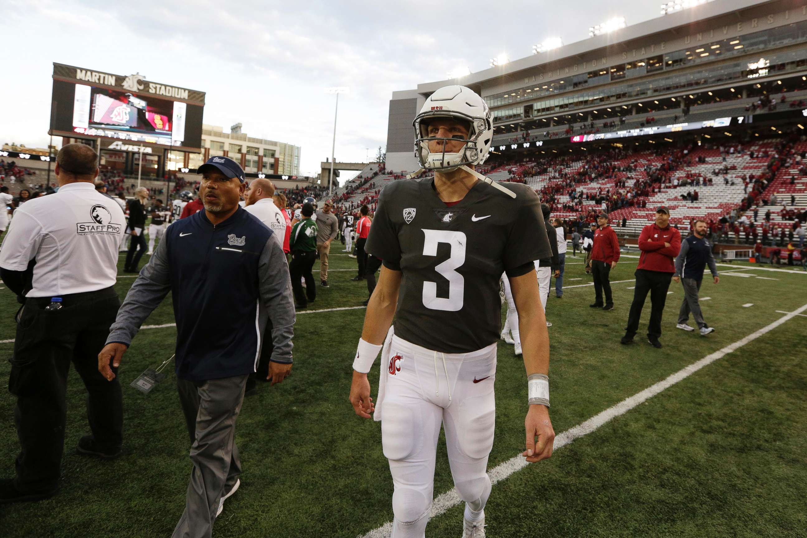 PHOTO: Washington State quarterback Tyler Hilinski (3) walks on the field after an NCAA college football game against Nevada in Pullman, Wash., Sept. 23, 2017.