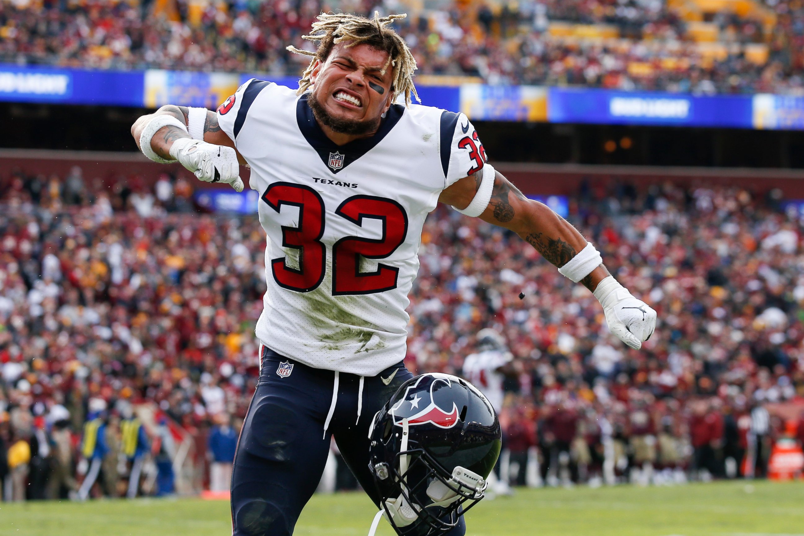 PHOTO: In this Nov. 18, 2018, file photo, Houston Texans free safety Tyrann Mathieu (32) celebrates strong safety Justin Reid's interception and touchdown during the first half of an NFL football game against the Washington Redskins in Landover, Md.