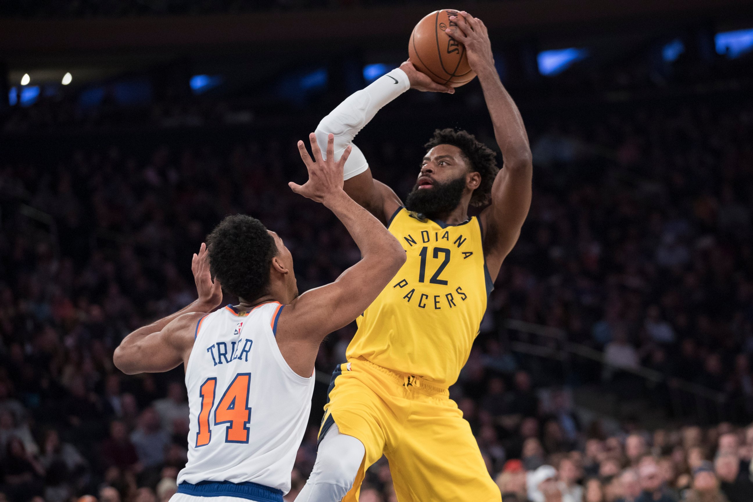 PHOTO: Indiana Pacers guard Tyreke Evans (12) shoots over New York Knicks guard Allonzo Trier (14) during the first half of an NBA basketball game Friday, Jan. 11, 2019, at Madison Square Garden in New York.