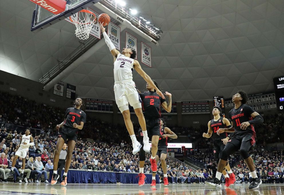 PHOTO: In this Mar 5, 2020, file photo, Connecticut Huskies guard James Bouknight (2) drives to the basket against Houston Cougars guard Caleb Mills (2) in the first half of the game at Harry A. Gampel Pavilion, Storrs, Conn.
