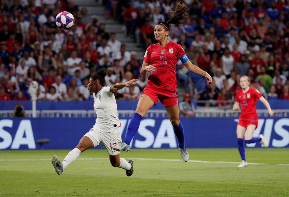 PHOTO: Alex Morgan of the U.S. scores their second goal in the Women's World Cup Semi Final game versus England, July 2, 2019, in Lyon, France.