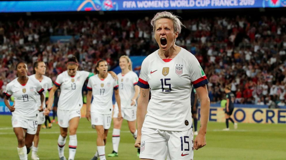 PHOTO: Megan Rapinoe of the U.S. celebrates scoring their second goal in the Women's World Cup Quarter Final game against France, June 28, 2019, in Paris.