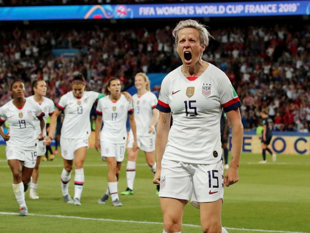 PHOTO: Megan Rapinoe of the U.S. celebrates scoring their second goal in the Womens World Cup Quarter Final game against France, June 28, 2019, in Paris.