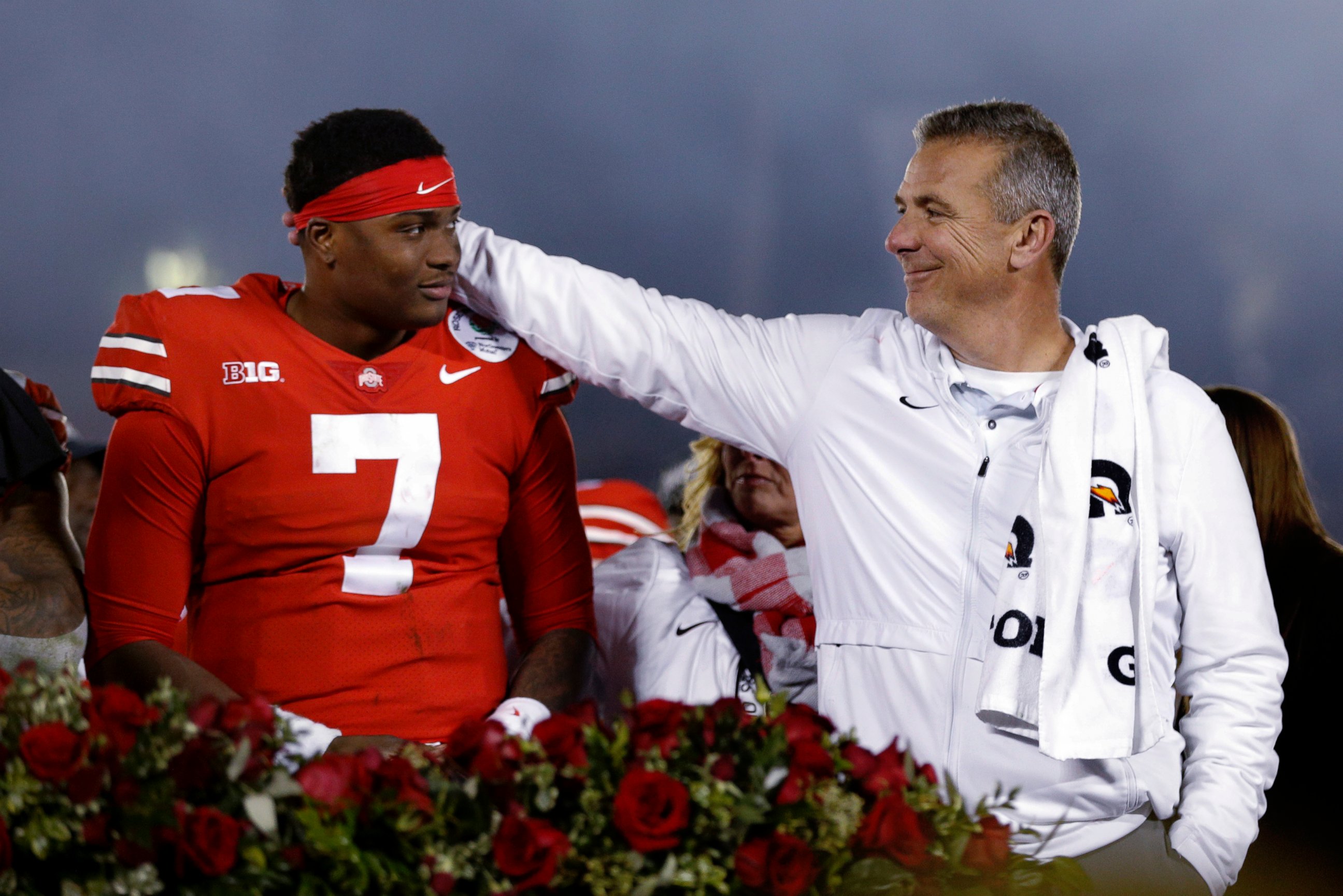 PHOTO: After his final game as a head coach, Ohio State's Urban Meyer, right, celebrates with quarterback Dwayne Haskins after Ohio State defeated Washington 28-23 in the Rose Bowl NCAA college football game Tuesday, Jan. 1, 2019, in Pasadena, Calif.