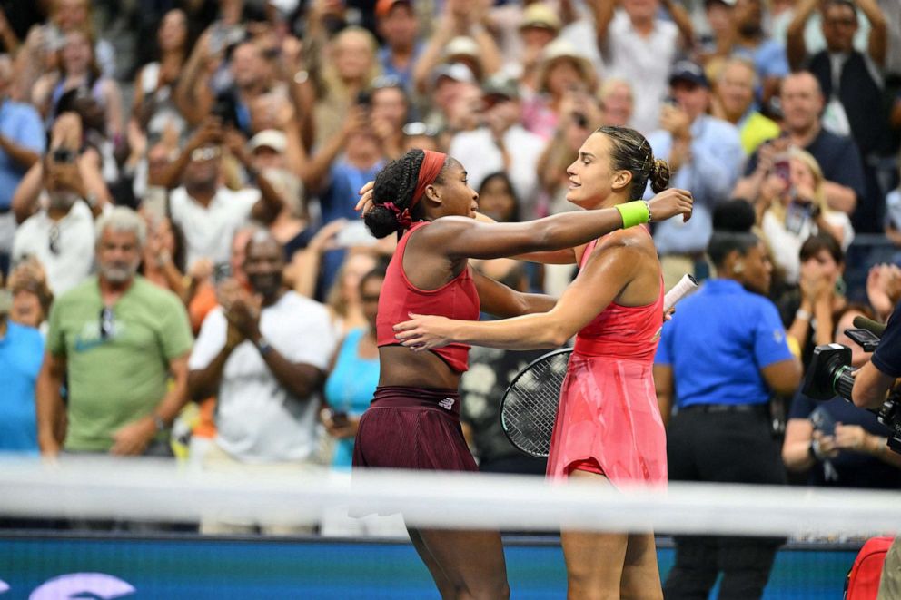 PHOTO: USA's Coco Gauff hugs Belarus's Aryna Sabalenka after winning the US Open tennis tournament women's singles final match at the USTA Billie Jean King National Tennis Center in New York, Sept. 9, 2023.