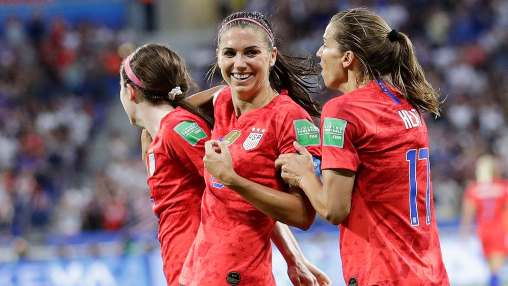 PHOTO: Alex Morgan celebrates after scoring her side's second goal during the Women's World Cup semifinal soccer match between England and the United States, at the Stade de Lyon in Lyon, France, July 2, 2019.