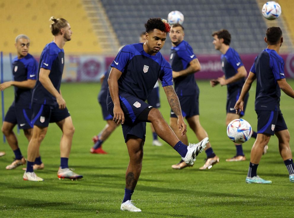 PHOTO: Weston McKennie of the U.S. dribbles a ball during training at Al Gharafa SC Stadium, Al Rayyan, Qatar, on Nov. 28, 2022.