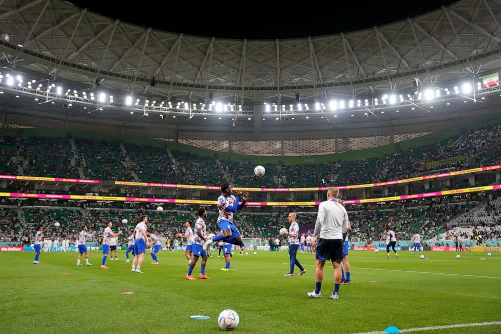 PHOTO: United States soccer players warmup before the World Cup group B soccer match between Iran and the United States at the Al Thumama Stadium in Doha, Qatar, Tuesday, Nov. 29, 2022