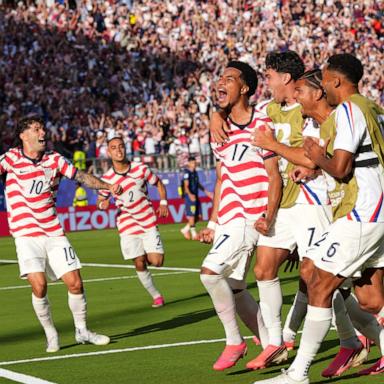 PHOTO: United States' Malik Tillman (17) celebrates with teammates after scoring on a free kick during the World Cup round of 32 soccer match between the United States and Bosnia in Santa Clara, Calif., near San Francisco, on July 1, 2026.