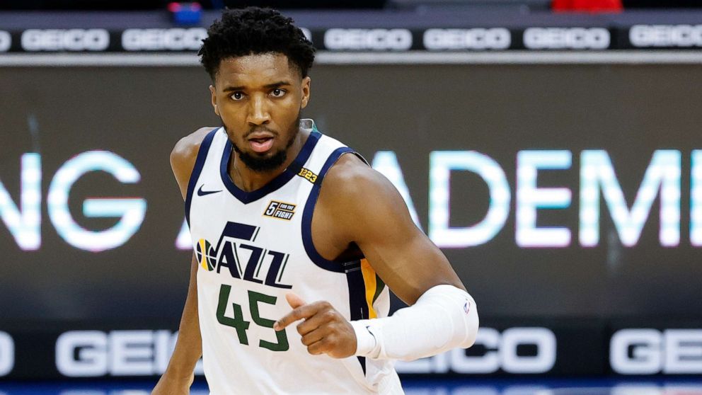 PHOTO: Donovan Mitchell of the Utah Jazz looks on during the third quarter against the Philadelphia 76ers at Wells Fargo Center on March 3, 2021, in Philadelphia.