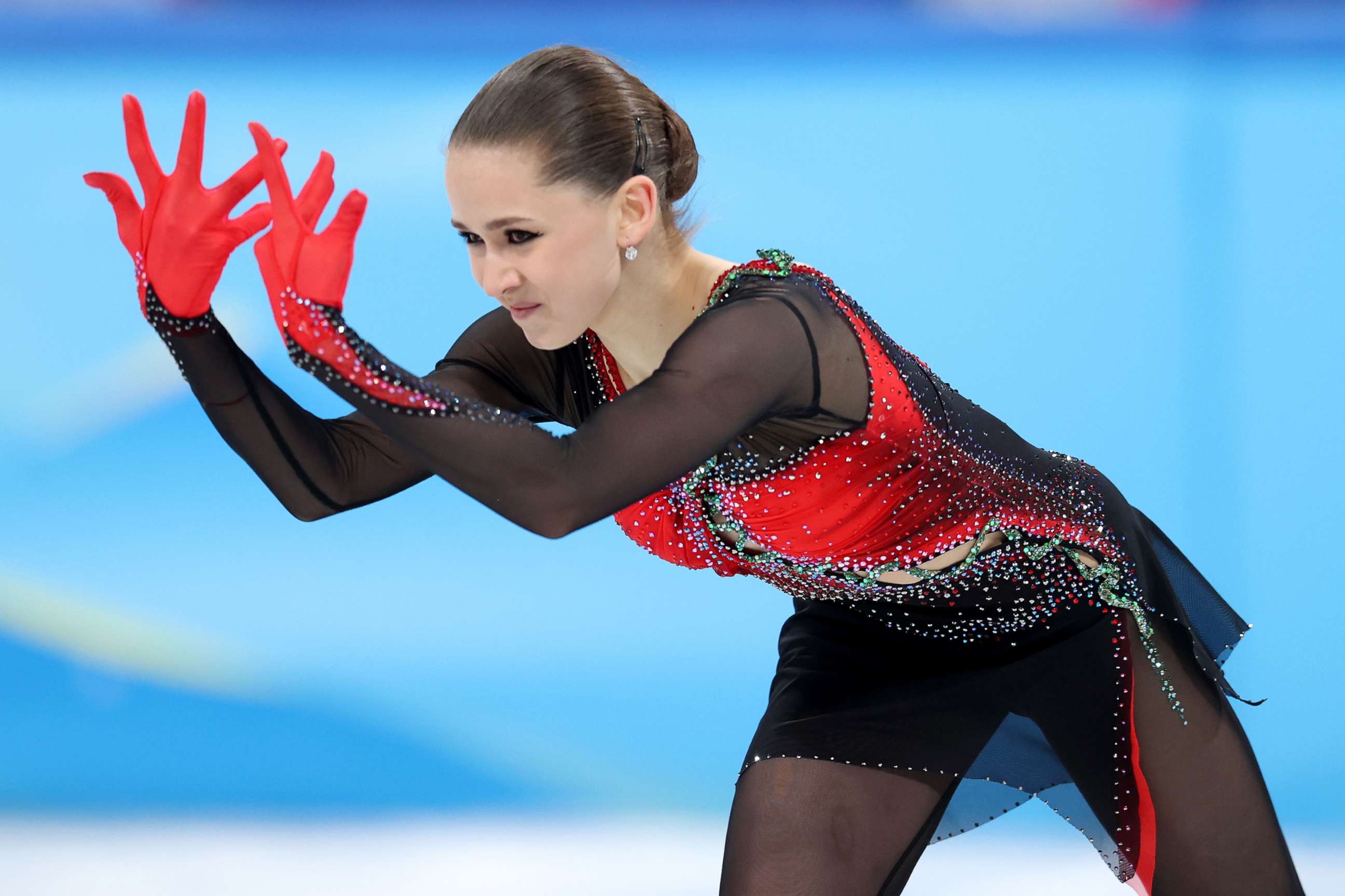 PHOTO: Kamila Valieva of Team ROC skates during the Women Single Skating Free Skating Team Event at the Beijing 2022 Winter Olympic Games at Capital Indoor Stadium, Feb. 7, 2022 in Beijing.