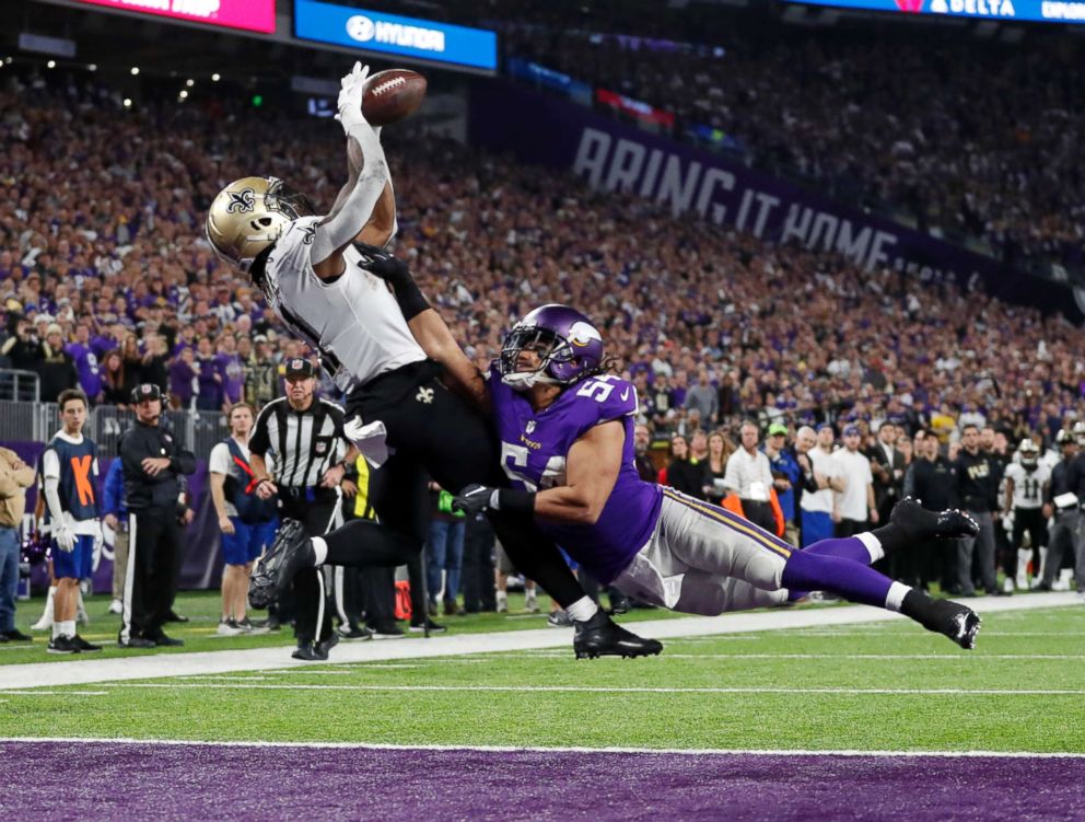 PHOTO: New Orleans Saints running back Alvin Kamara (41) makes catch for a touchdown over Minnesota Vikings middle linebacker Eric Hendricks (54) during the second half of an NFL divisional football playoff game in Minneapolis, Jan. 14, 2018. 