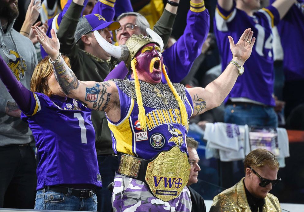 PHOTO: Minnesota Vikings fans watch the game against the New Orleans Saints during the NFC Divisional Playoffs at US Bank Stadium in Minneapolis, MN., Jan. 14, 2018.