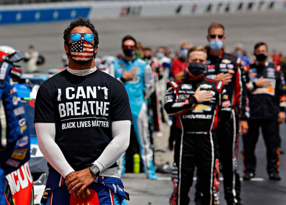 PHOTO: Darrell "Bubba" Wallace wears a "I Can't Breath - Black Lives Matter" T-shirt in solidarity with protesters around the world taking to the streets after the death of George Floydat Atlanta Motor Speedway, June 7, 2020, in Hampton, Ga.