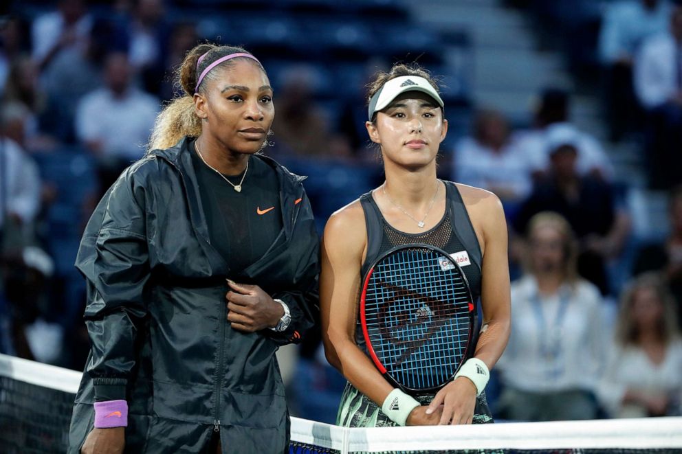 PHOTO:Qiang Wang, right, poses for a photo with Serena Williams before the women's singles quarterfinal match at the 2019 US Open in New York, Sept. 3, 2019.