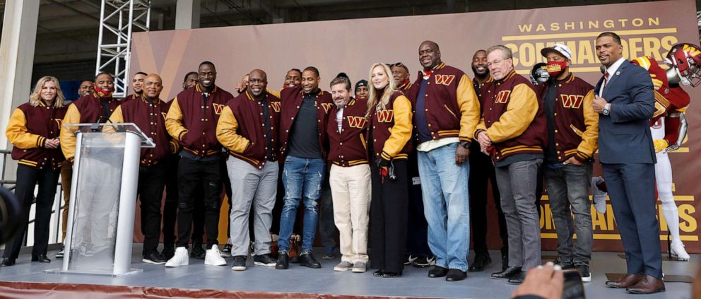PHOTO: Washington Commanders' alumni and ownership pose for a picture during a press conference revealing the Washington Commanders as the new name for the formerly named Washington Football Team in Landover, Md., Feb. 2, 2022.