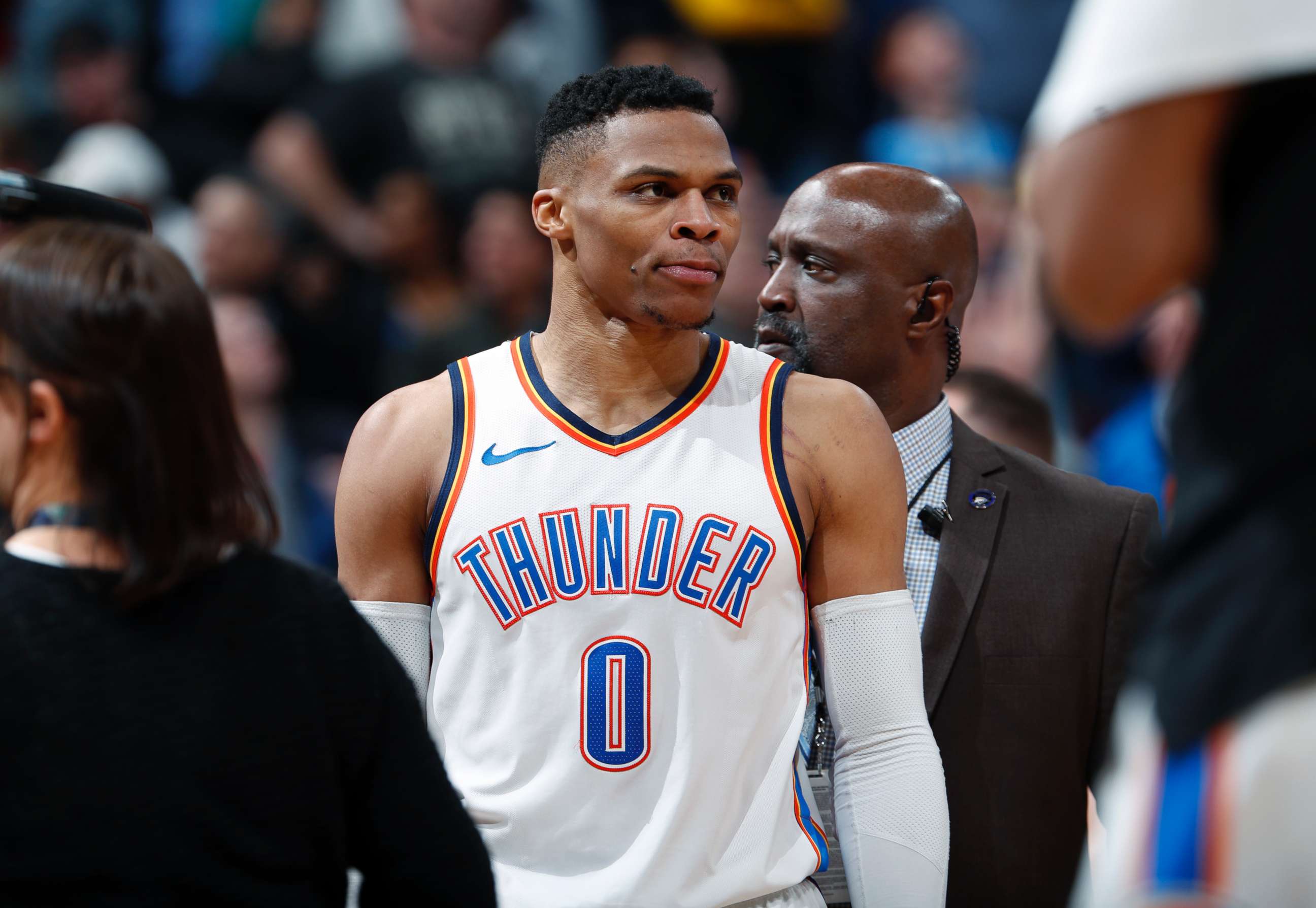 PHOTO: Oklahoma City Thunder guard Russell Westbrook reacts after Denver Nuggets guard Gary Harris hit a 3-point basket at the final buzzer in an NBA basketball game, Feb. 1, 2018, in Denver. 
