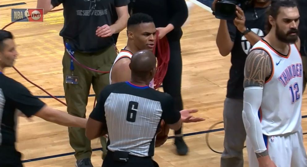 PHOTO:Oklahoma City Thunder player Russell Westbrook reacts after after security escorts a fan off the court, Feb. 1, 2018.