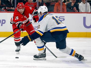 Necas scores twice in 4-point night as Hurricanes beat Blues 4-1