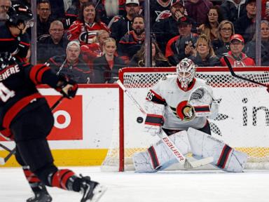 Pinto scores 2 goals, Ullmark gets 2nd shutout of season as Senators beat Hurricanes 3-0