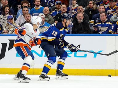 Hofer makes 34 saves, assists on Neighbours’ OT goal in Blues’ 1-0 victory over Islanders