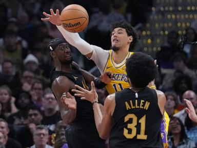 Cavaliers blow out Lakers 134-110 as Bronny James scores first NBA points as dad watches from bench