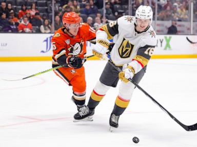 Theodore scores 2 goals in Golden Knights' 4-1 win over Anaheim, which loses Zegras to injury