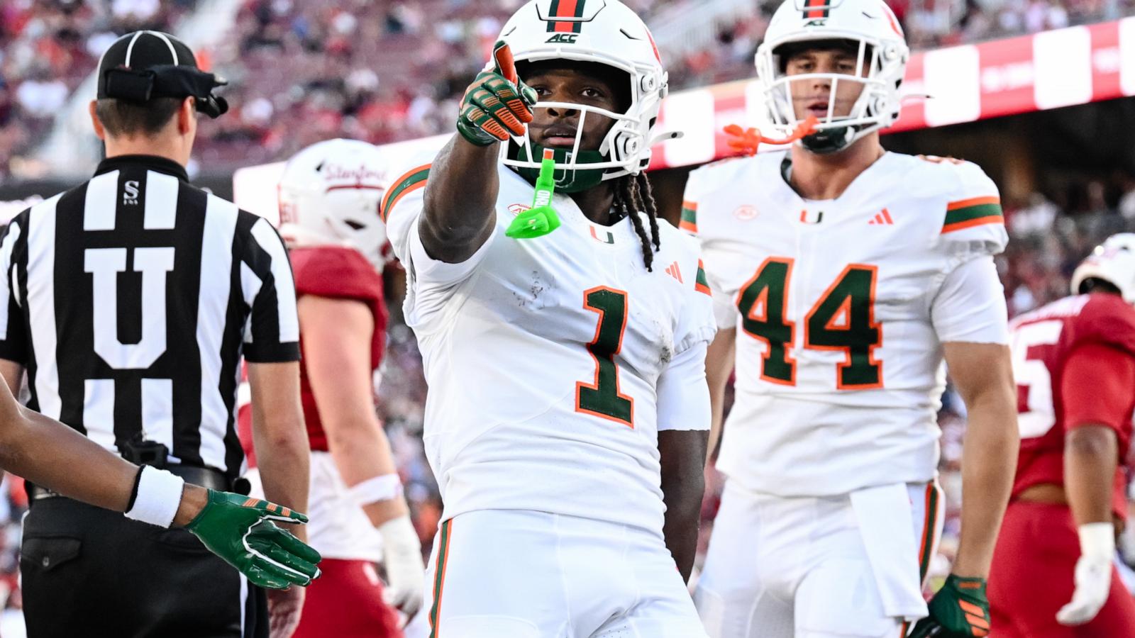 Mensah throws 5 TD passes, Toney sets record in No. 7 Miami's 45-6 win over Stanford