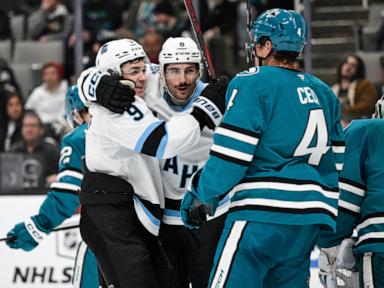 Keller scores power-play goal in the final minute to lift Utah past the Sharks, 4-3