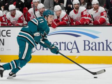 Celebrini scores first career OT goal as Sharks top Red Wings 5-4