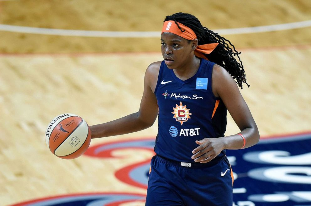 PHOTO: Jonquel Jones #35 of the Connecticut Sun handles the ball against the Washington Mystics in Game 5 of the 2019 WNBA Finals at St Elizabeths East Entertainment & Sports Arena, Oct. 10, 2019 in Washington, DC. 