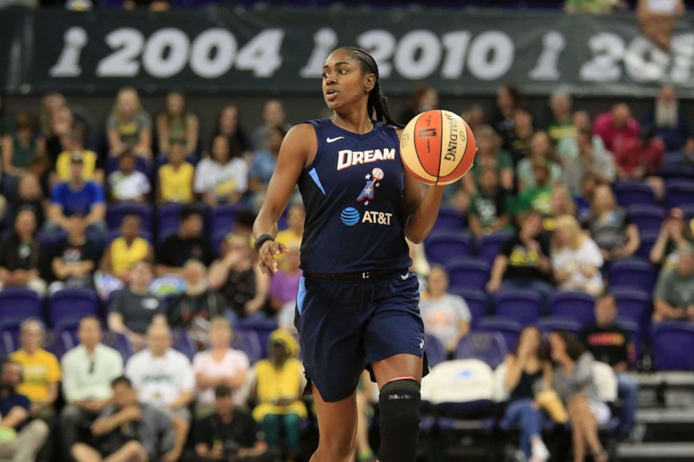 PHOTO: Tiffany Hayes #15 of the Atlanta Dream handles the ball against the Seattle Storm, Sept. 1, 2019, at the Alaska Airlines Arena Arena, in Seattle.