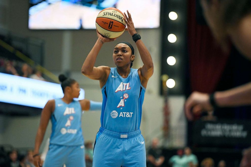 PHOTO: Renee Montgomery #21 of Atlanta Dream shoots a free throw during the game against the New York Liberty, Aug. 23, 2019, at the Westchester County Center, in White Plains, N.Y.