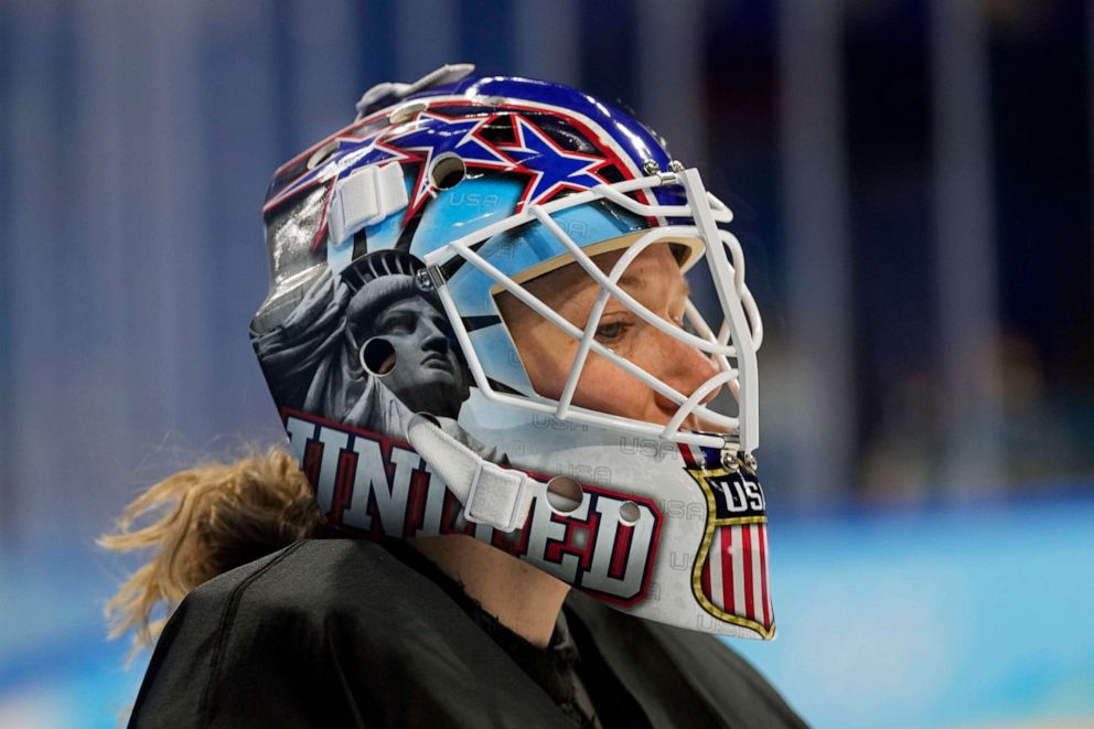 PHOTO: United States' women's hockey team goalkeeper Alex Cavallini practices at the 2022 Winter Olympics, Wednesday, Feb. 2, 2022, in Beijing.