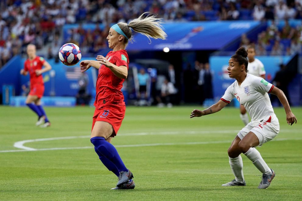 PHOTO: Julie Ertz of the USA looks to control the ball during the 2019 FIFA Women's World Cup France Semi Final match between England and USA at Stade de Lyon, July 02, 2019, in Lyon, France.