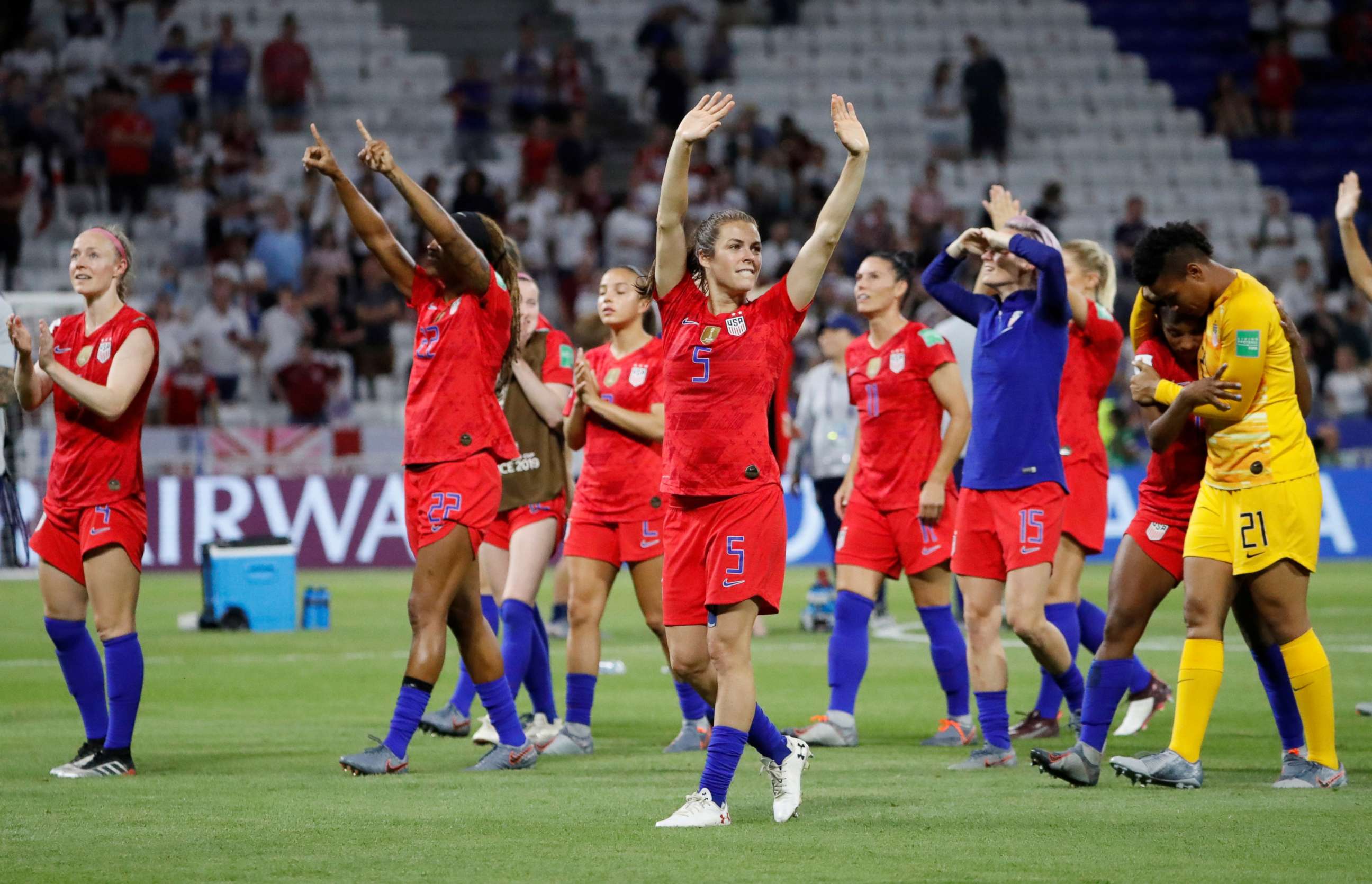 PHOTO: Kelley O'Hara of the U.S. and teammates celebrate winning the Women's World Cup Semi Final match between England and the US, July 2, 2019, in Lyon, France.
