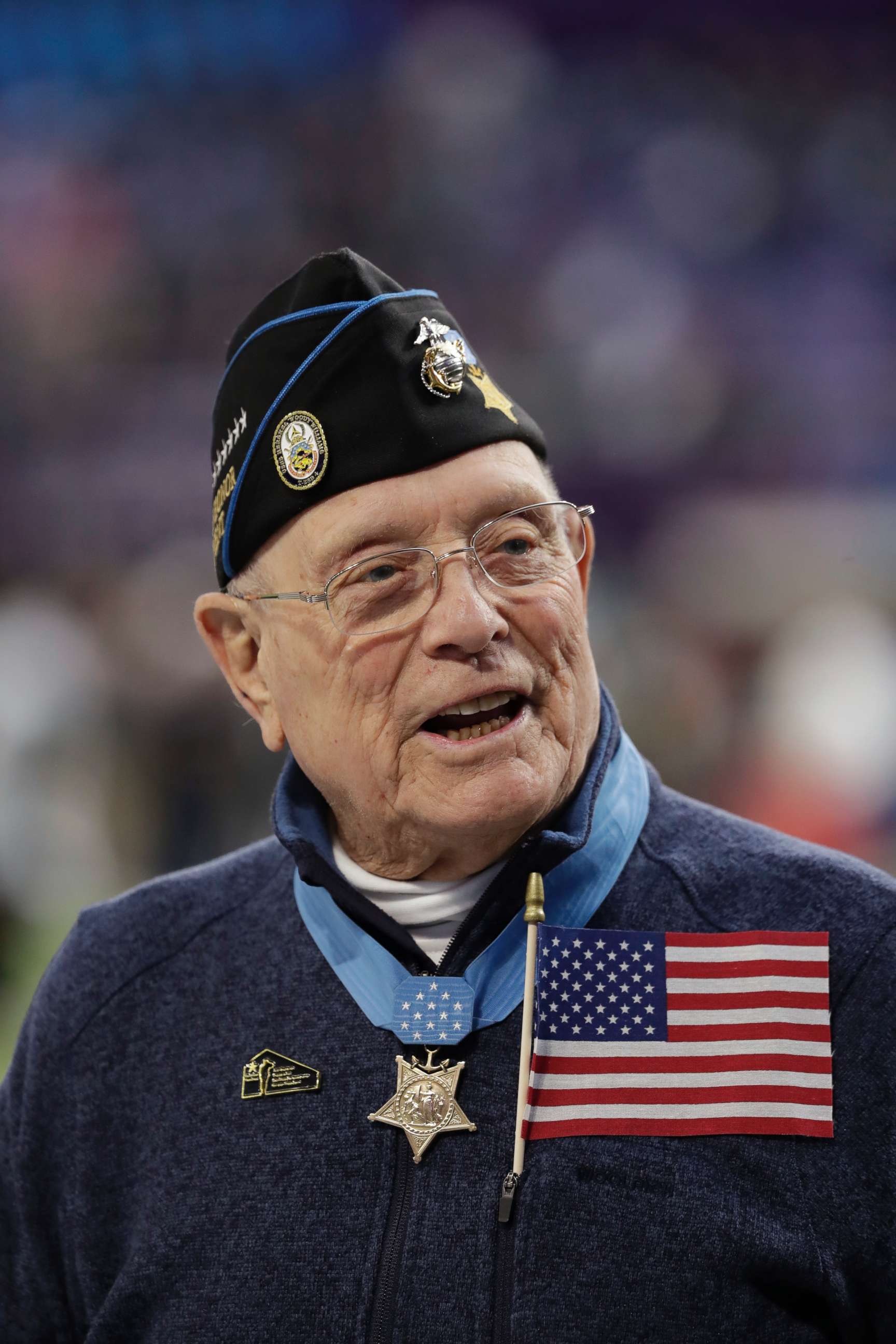PHOTO: Woody Williams, 94, the only living Marine Medal of Honor recipient from World War II, assists with the coin toss of the NFL Super Bowl 52 football game between the Philadelphia Eagles and the New England Patriots, Feb. 4, 2018, in Minneapolis. 