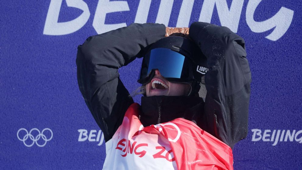 PHOTO: Zoi Sadowski-Synnott of New Zealand reacts after her second run in the women's snowboard slopestyle competition in the 2022 Beijing Olympics, Feb. 6, 2022.