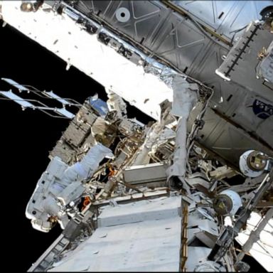 Astronauts Christina Koch and Nick Hague repaired batteries on the International Space Station on Friday. 