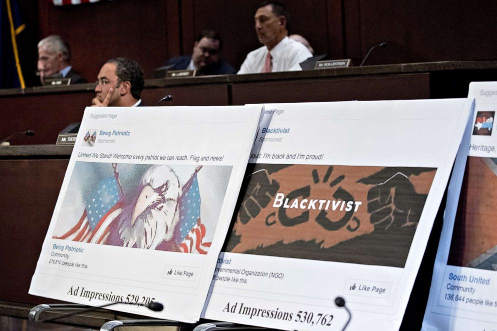 PHOTO: Displays showing social media posts are seen during a House Intelligence Committee hearing in Washington, D.C., Nov. 1, 2017.