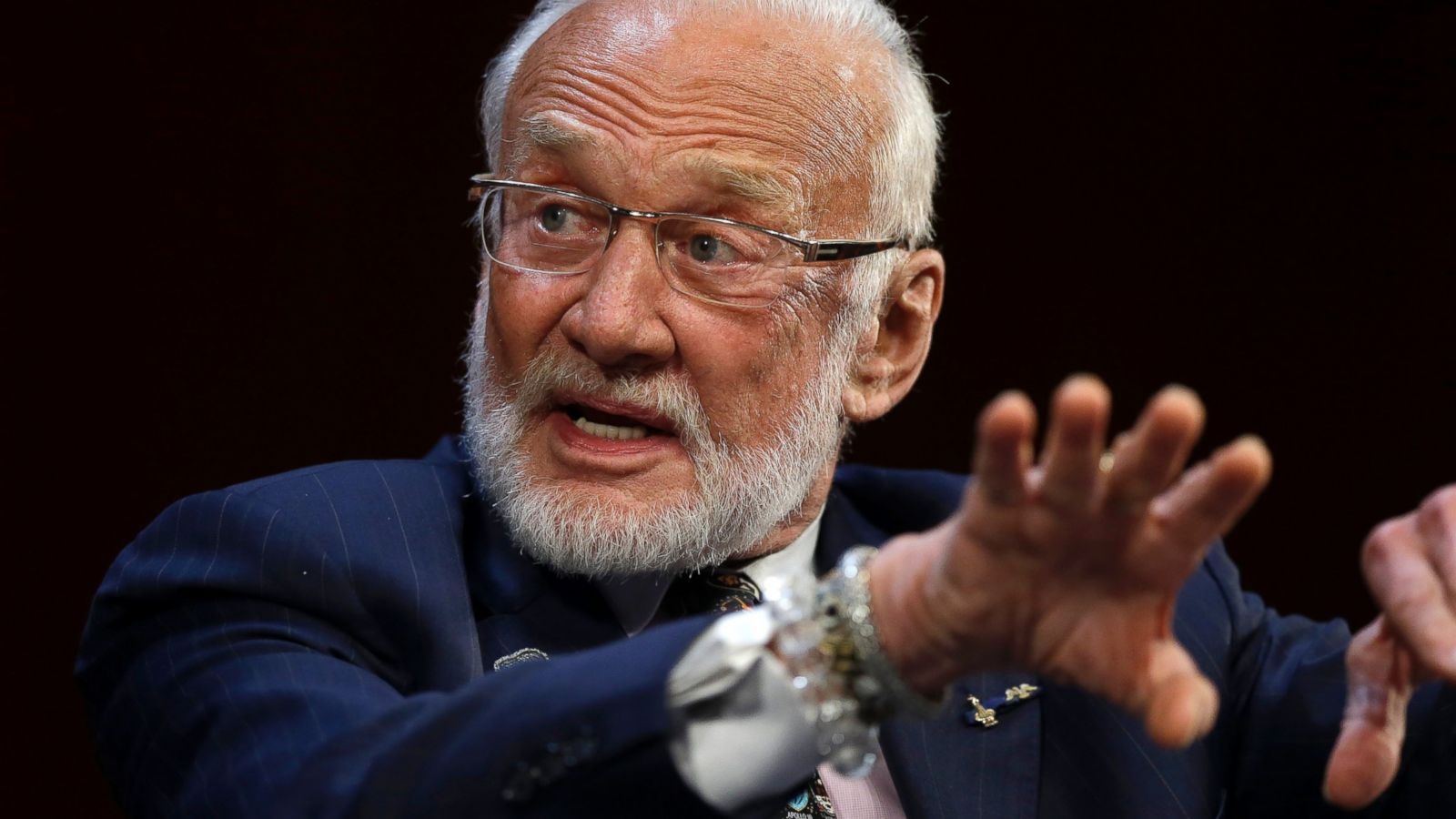 PHOTO:Apollo 11 astronaut Buzz Aldrin, speaks on the campus of Massachusetts Institute of Technology, Oct.22, 2014,in Cambridge, Mass.