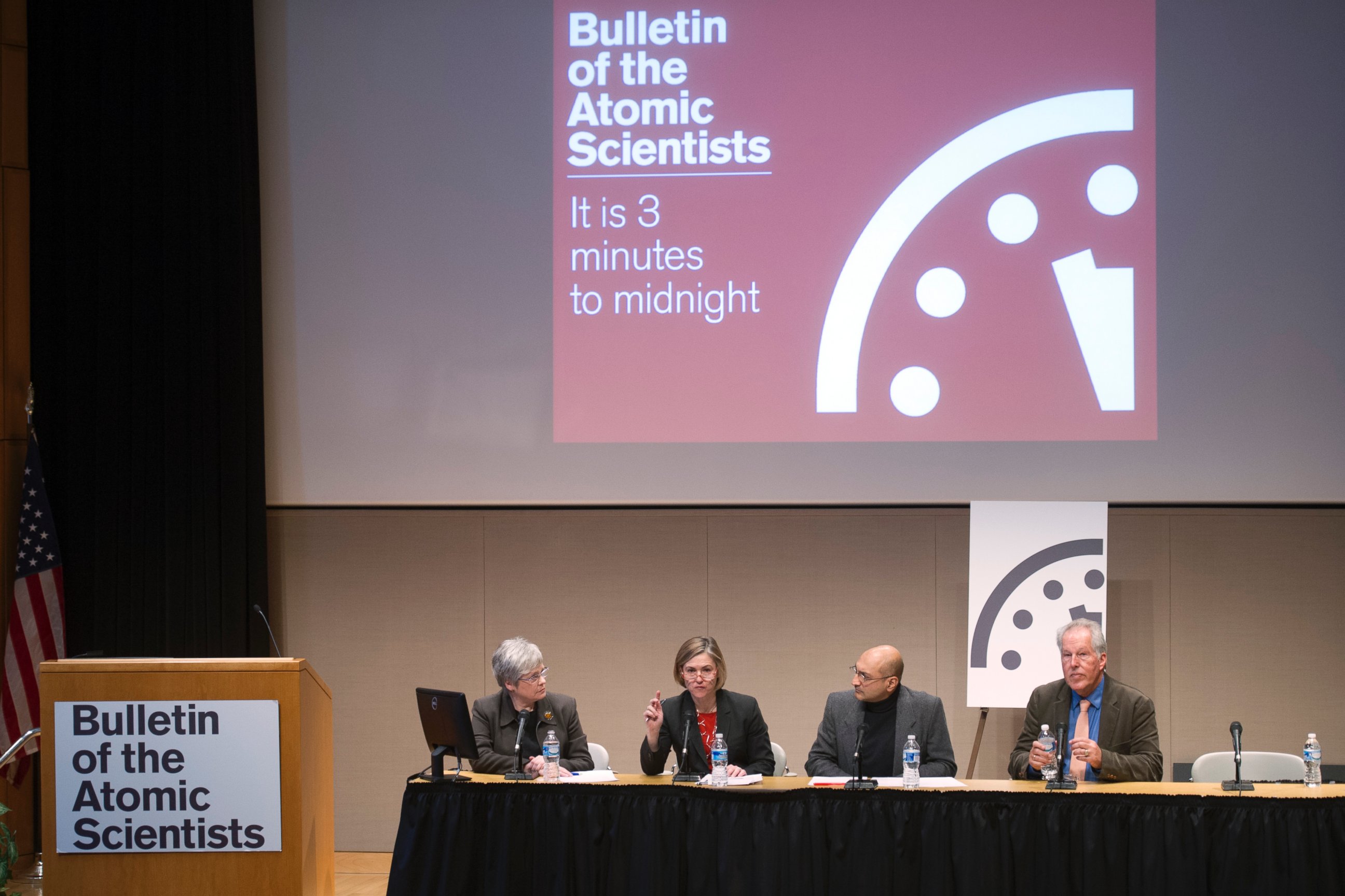 PHOTO: The Bulletin of the Atomic Scientists hold a news conference to announce that the Doomsday Clock has been reset to show three minutes until midnight, in Washington on Jan. 22, 2015. 
