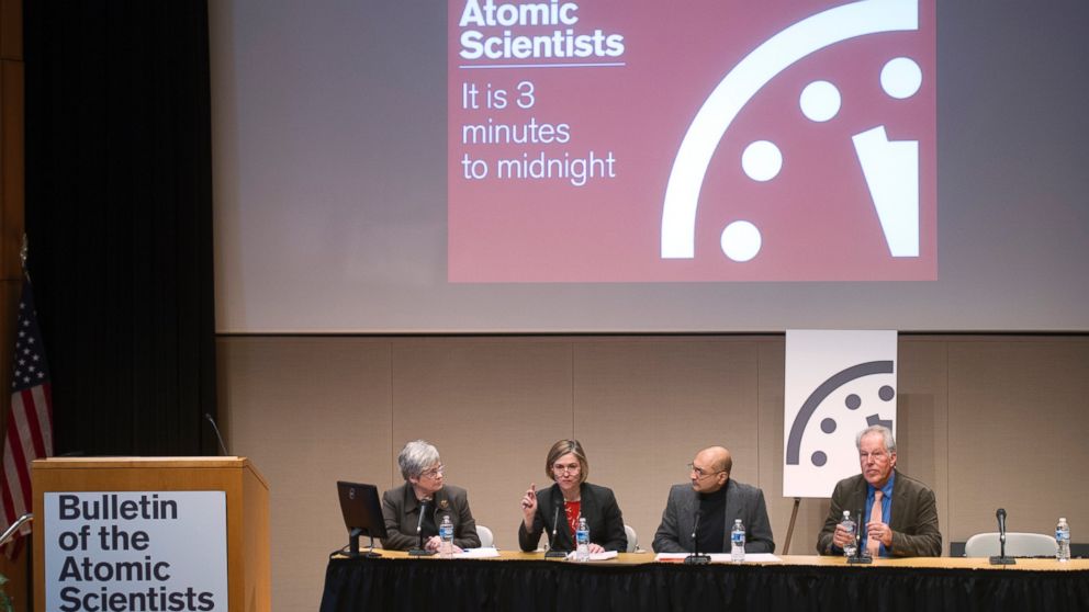 The Bulletin of the Atomic Scientists hold a news conference to announce that the Doomsday Clock has been reset to show three minutes until midnight, in Washington on Jan. 22, 2015.