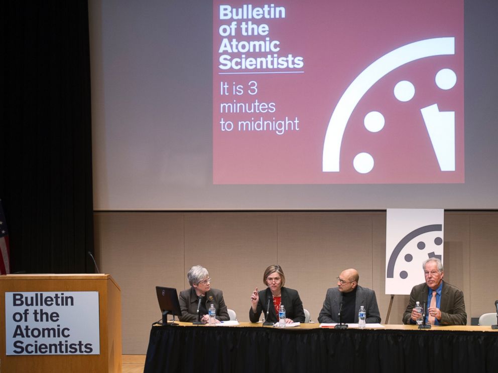 PHOTO: The Bulletin of the Atomic Scientists hold a news conference to announce that the Doomsday Clock has been reset to show three minutes until midnight, in Washington on Jan. 22, 2015.