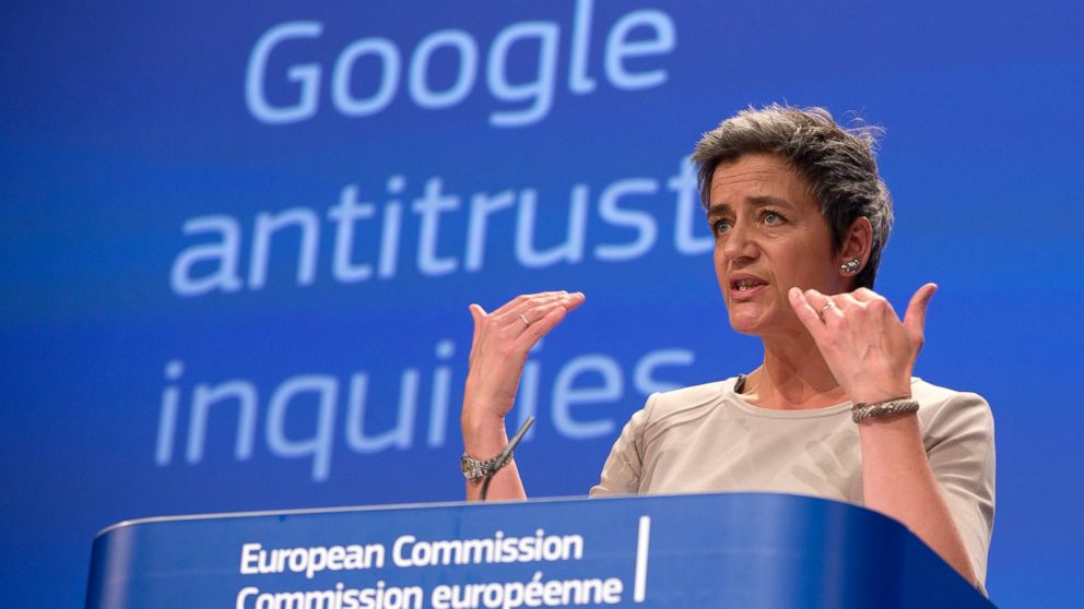 European Union's competition chief Margrethe Vestager speaks during a media conference regarding Google at EU headquarters in Brussels, April 15, 2015.