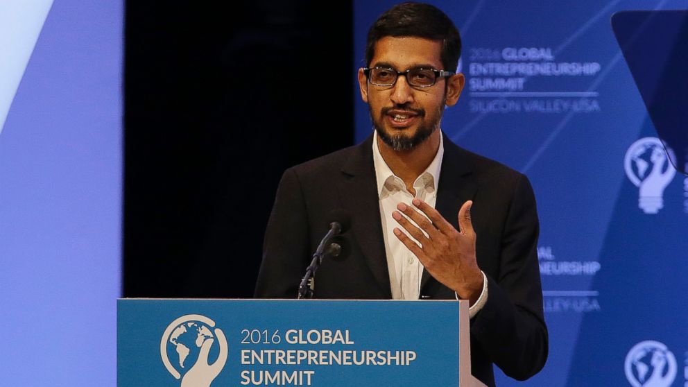 Google CEO Sundar Pichai speaks at the Global Entrepreneurship Summit in Stanford, Calif.,  June 24, 2016. 