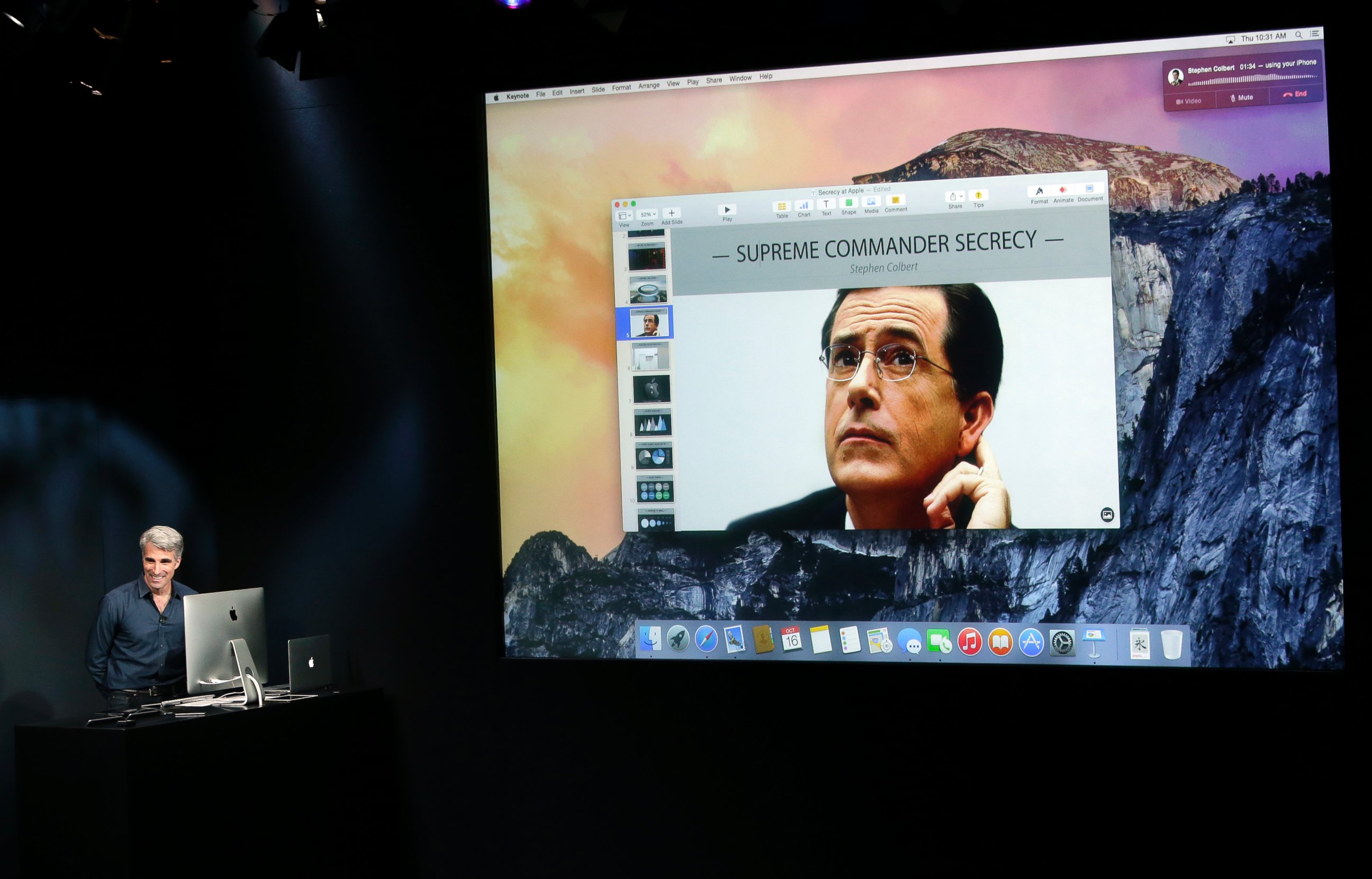 PHOTO: Craig Federighi, senior vice president of Software Engineering at Apple, far left, has a video chat with Stephen Colbert as he discusses the new operating system update during an event at Apple headquarters on Oct. 16, 2014 in Cupertino, Calif. 