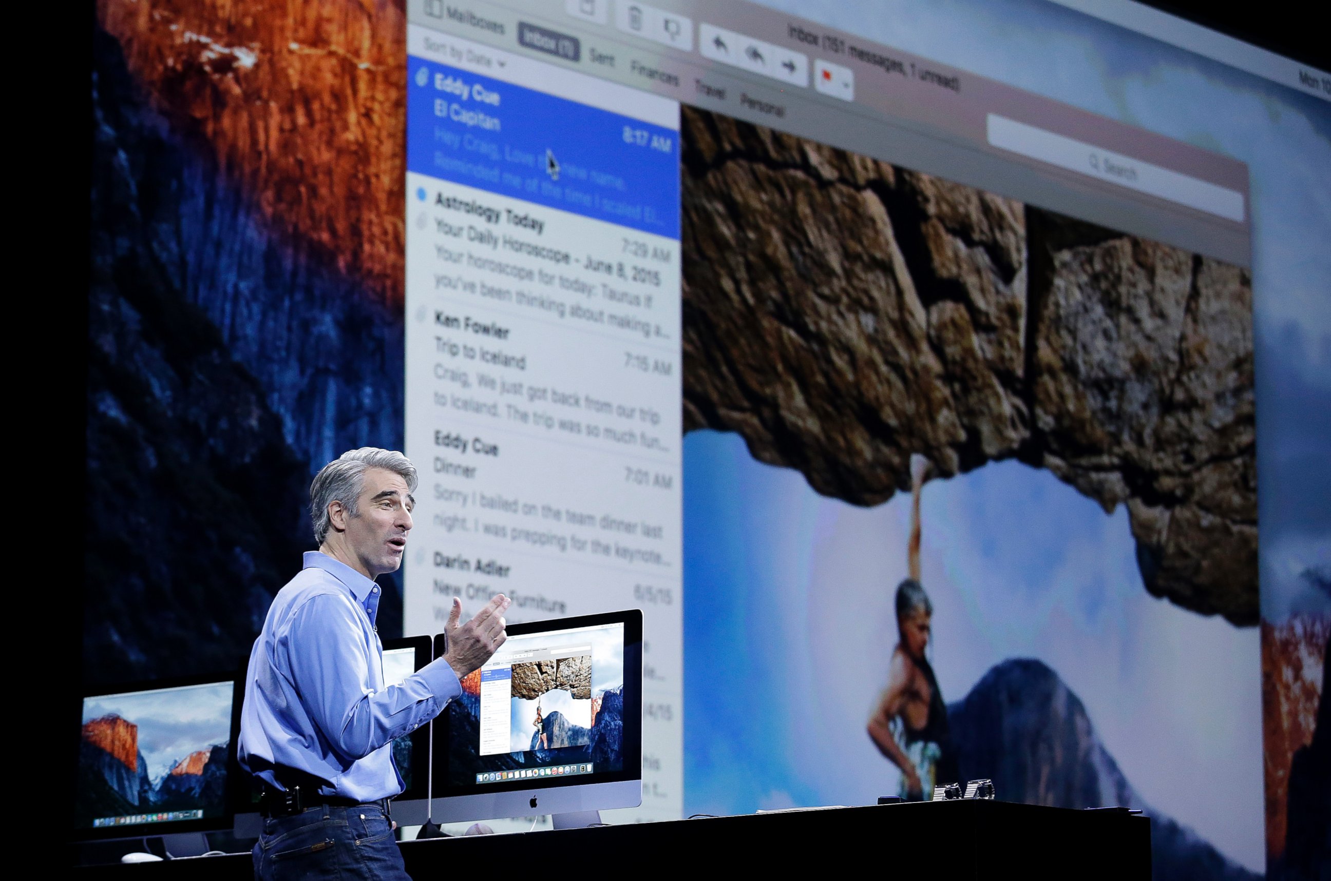 PHOTO: Craig Federighi, Apple senior vice president of Software Engineering, talks about the El Capitan operating system at the Apple Worldwide Developers Conference in San Francisco, June 8, 2015.